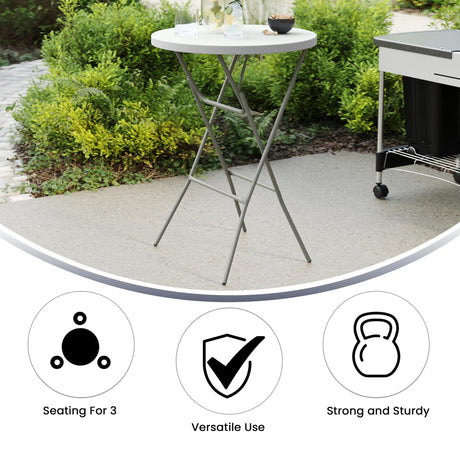 Flash Furniture Elon 2.6' Round Folding Bar Height Table for Parties and Commercial Events, Indoor/Outdoor Plastic Bar Height Folding Table, White Flash Furniture