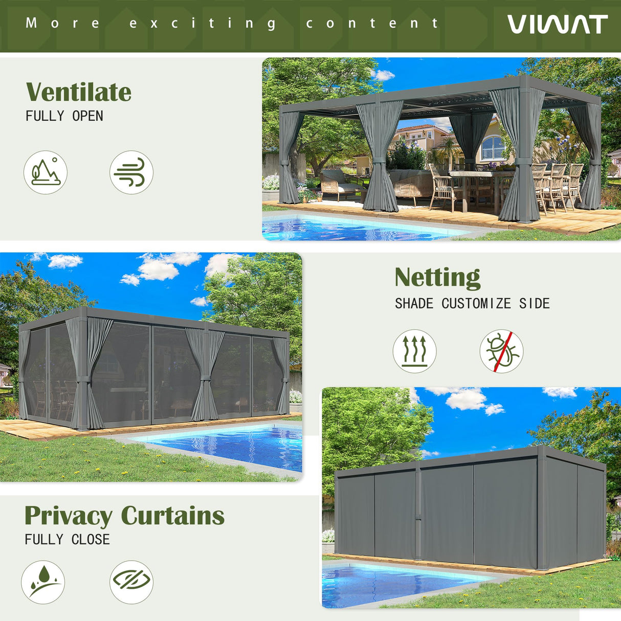 VIWAT Aluminum 10x20 FT Louvered Pergola, Outdoor Pergola with Adjustable Louvered Roof Outdoor Patio Shade Cover, Waterproof & Rustproof Aluminum Gazebo for Backyard and Garden, Gray VIWAT