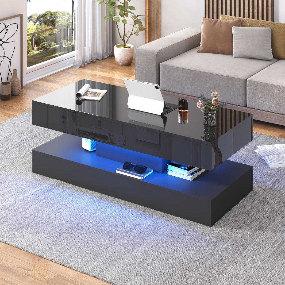 47.2" Large Lift Top Coffee Table,Modern High Glossy LED Coffee Tables for Living Room with Storage,Black Living Room Tables for Living Room,Dining Room,Bedroom Home Office,APP LED Lights（Black） chartustriable