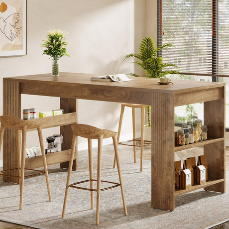 Tribesigns 63-Inch Bar Table, Farmhouse Counter Height Pub Table with Storage Shelves, High Top Bar Unit for Kitchen, Dining Room, Bistro, Natural Tribesigns