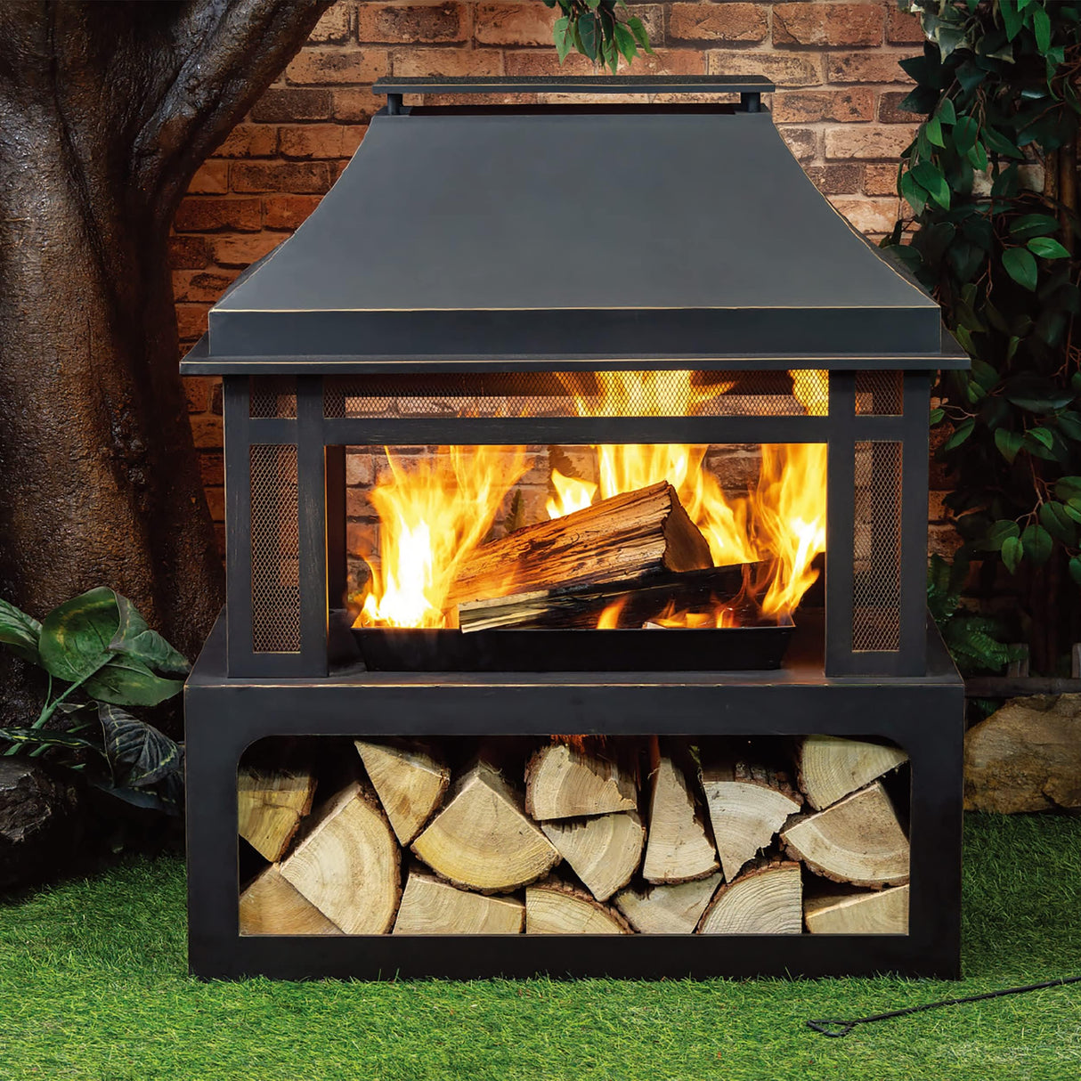 Deko Living Outdoor Wood Burning Fireplace with Wood Storage and Removable Fire Grill - 40 Inch Large Metal Wicker Base Fire Pit for Patio Garden Deck Backyard, Black Deko Living