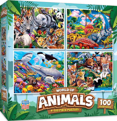 MasterPieces – Jigsaw Puzzle Set for Kids 6+ Years, 4-Pack of 100 Pieces, Educational and Fun Game, World of Animals Collection, Gift Idea for Children, 8" x 10 Masterpieces