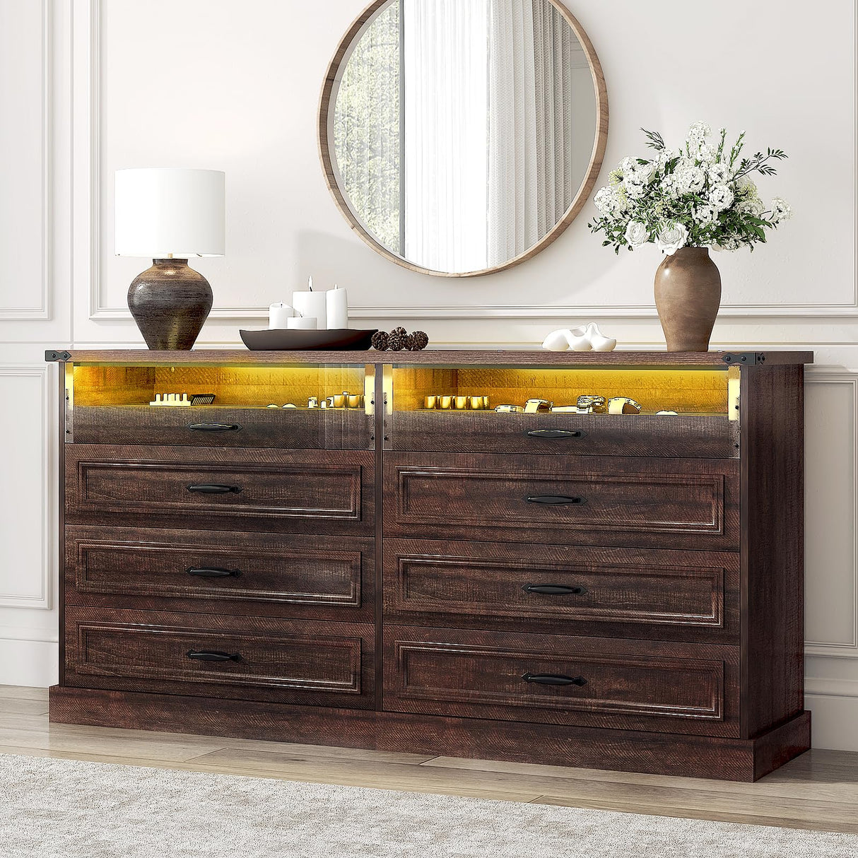 Hlivelood 63" Farmhouse 8 Drawer Dressers for Bedroom, Brown Wood Dresser w/Glass Top&Front Display Organizer, Bedroom Closet Island Chest of Drawers, for Living Room, Bedrooms, Hallway, Brown Hlivelood