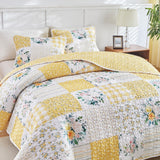 Joyreap 3 Pieces Floral Patchwork Quilt Set Queen, Yellow n White Flowers Design, Soft n Cozy Microfiber Quilt, Bedspread Bed Cover for All Season, 1 Quilt and 2 Pillow Shams- 90x90 inches Joyreap