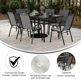Flash Furniture Brazos Commercial Outdoor Dining Set, 60" Tempered Glass Patio Table with Umbrella Hole, 6 Stack Chairs with Flex Comfort Seats and Backs, Gray/Black Flash Furniture