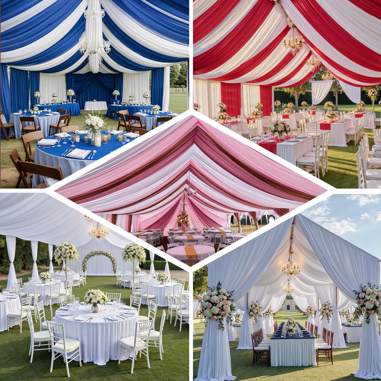 PartyVillage 10ftx40ft White Ceiling Curtain for Wedding Parties – 2 Panels Wrinkle-Free 40 FT Long Tent Draping Curtains for Wedding, Birthday & Theme Parties, 40ft Height with Rod Pocket Party Village