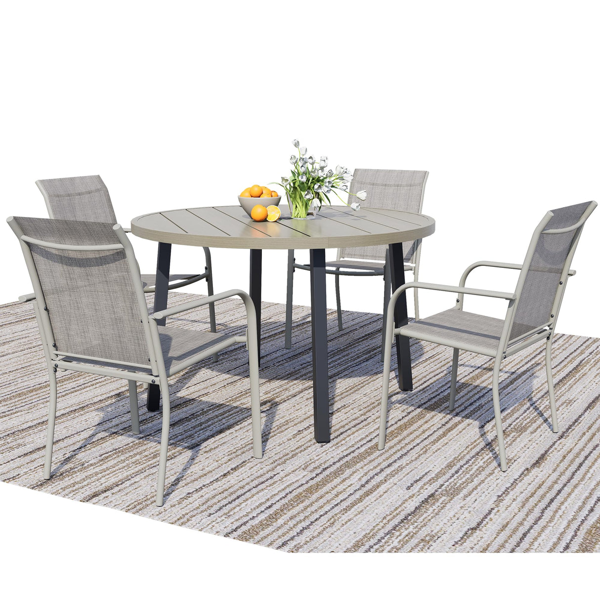 Seekverse 5-Piece Outdoor Dining Set, Round Metal Table with 4 Grey Chairs, Teak Patio Table with Umbrella Hole for Garden, Yard, Patio Seekverse