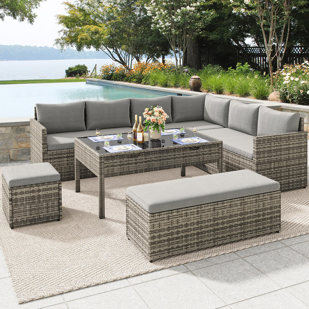 YITAHOME 6-Piece Patio Furniture Set, All-Weather Wicker Outdoor Sectional Sofa with Lift-Top Table & Ottoman, Patio Conversation Set for Deck, Backyard, Porch - Gray Gradient YITAHOME
