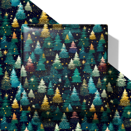 SaringSwoon Christmas Tree Wrapping Paper for Kids Adults - Xmas Wrapping Paper with Starry Night Sky, Christmas Trees and Stars Designs for Winter Holiday - 40×28 Inches, 4 Folded Sheets SaringSwoon