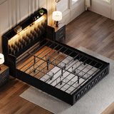Ailisite Queen Size Bed Frame with 4 Storage Drawers and RGB Led Lights,Velvet Upholstered Queen Platform Bed with Charging Station and Bookcase Storage Headboard, with Crystal and Rivet Deco, Black Ailisite