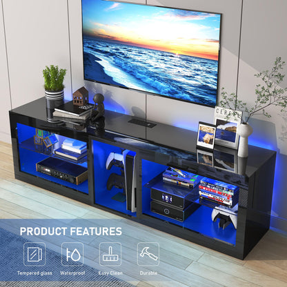 Vinctik 6&Fox LED TV Stands for Living Room w/60,000-Colors Lights&6.5ft Power Outlet for 55 60 65 70inch TV,Modern High Gloss LED Black Entertainment Center w/Adjustable Shelves for Gameroom/Bedroom