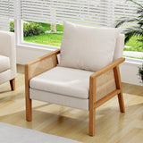 Awonde Ivory Accent Chair Linen Mid Century Modern Upholstered Living Room Chairs with Natural Rattan Arms Bedroom Reading Armchair Awonde