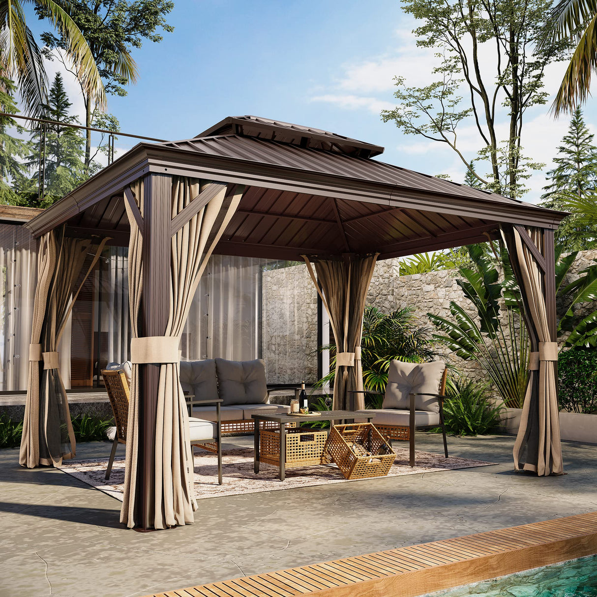 LAUSAINT HOME 10x12 ft Metal Gazebo with Nettings and Curtains for Patios, Waterproof Permanent Heavy Duty Double Hard Roofs Gazebos with Brown Aluminum Frame for Lawn, Party LAUSAINT HOME