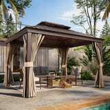 LAUSAINT HOME 10x12 ft Metal Gazebo with Nettings and Curtains for Patios, Waterproof Permanent Heavy Duty Double Hard Roofs Gazebos with Brown Aluminum Frame for Lawn, Party LAUSAINT HOME