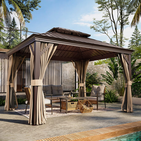 LAUSAINT HOME 10x12 ft Metal Gazebo with Nettings and Curtains for Patios, Waterproof Permanent Heavy Duty Double Hard Roofs Gazebos with Brown Aluminum Frame for Lawn, Party LAUSAINT HOME