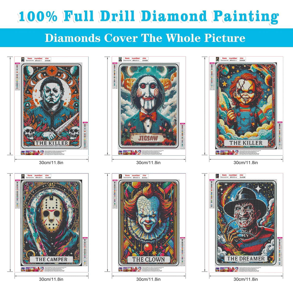 WUDWL 6 Pack Halloween Diamond Art Kits for Adults Beginners,Horror Diamond Painting Kits for Adults,5D Full Drill DIY Diamond Dot Gem Art Kit Wall Home Decor Arts Craft 12x16 inch WUDWL