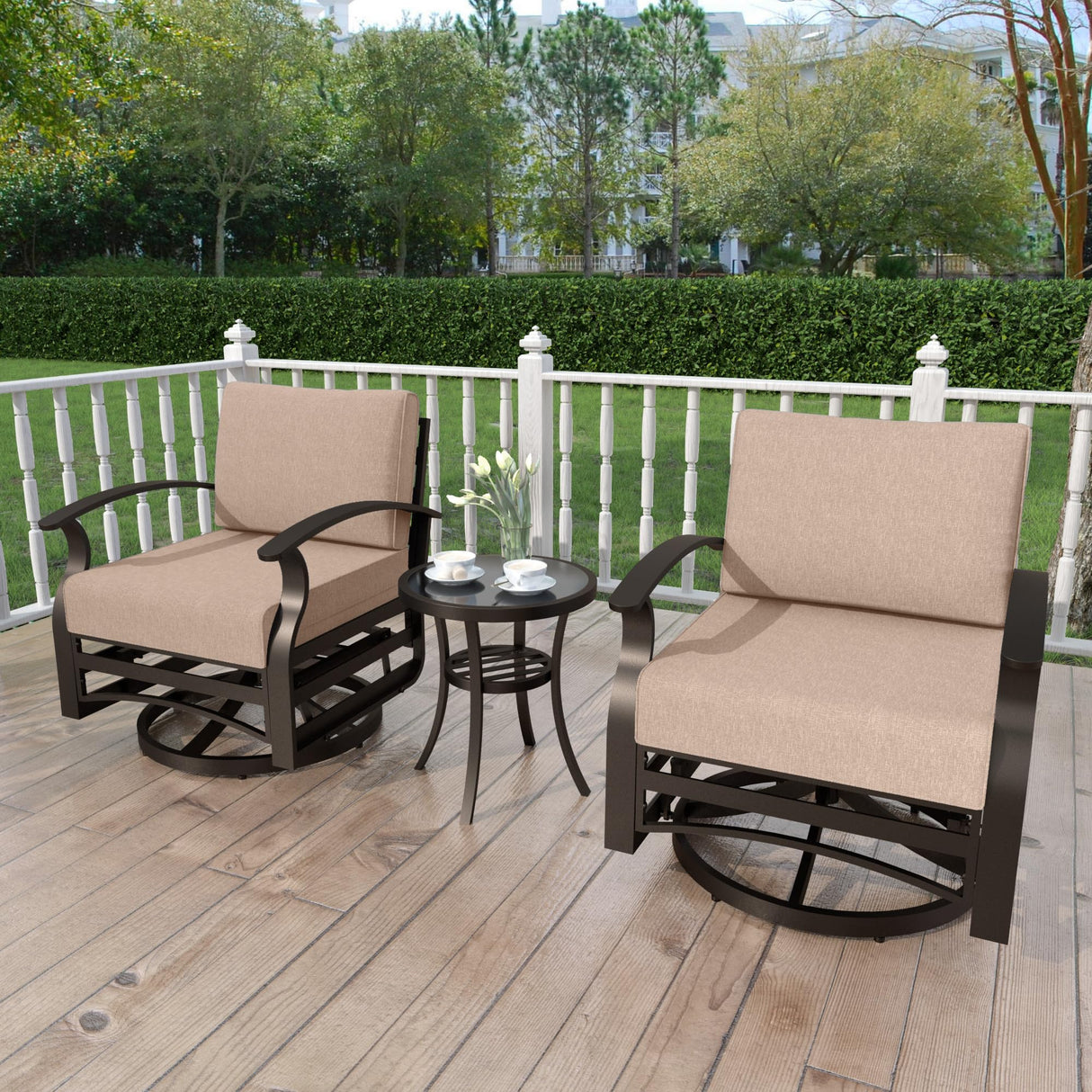 Kurapika 3 Pieces Patio Furniture Set, Outdoor Aluminum Swivel Gliders Rocker, Patio Bistro Set Rocking Chair with Tempered Glass Side Table and Thickened Cushions for Porch Garden Deck (Sand) Kurapika
