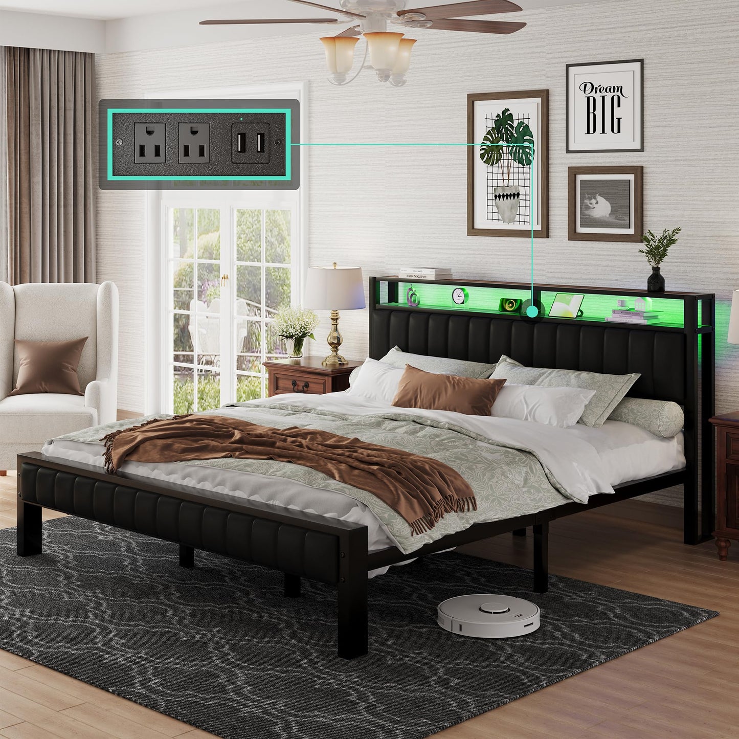 LUXOAK Rustic Brown King Size Metal Bed Frame with LED Light and PU Leather Headboard, Charging Station & 2-Tier Storage - WoodArtSupply