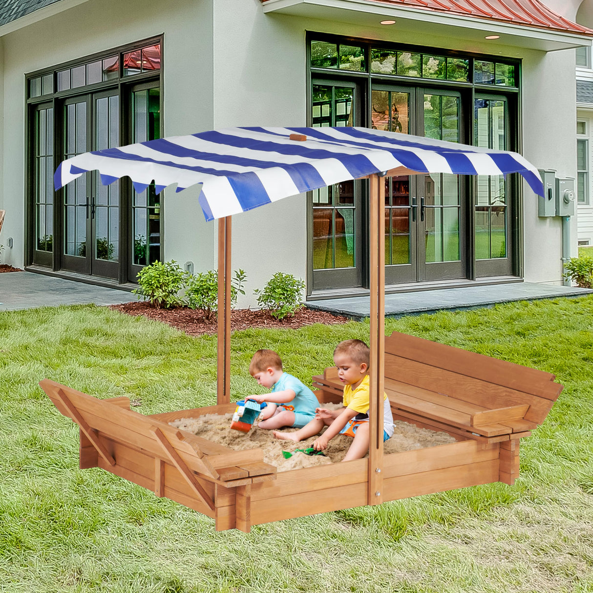 Mederra Kids Sandbox with Cover, 46'' Wooden Sand Box w/Adjustable Canopy, Outdoor Sandpit for Backyard Play, Light Brown Mederra