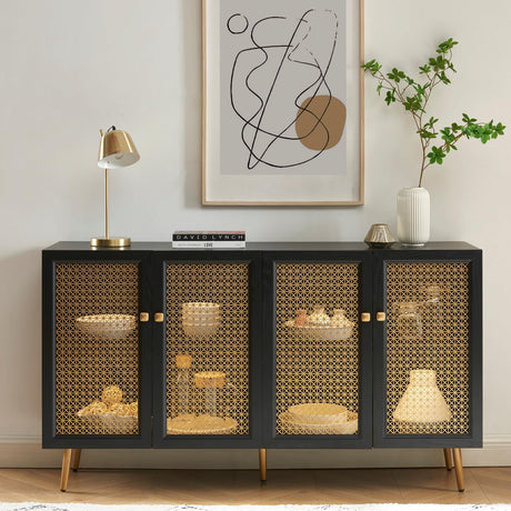EDYO LIVING 63" Metal Decorative Sideboard Buffet Cabinet with LED Light, Black Credenza Storage Cabinet, Wood Accent Cabinet with 4 Doors for Living Room EDYO LIVING