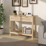 Trironsun Farmhouse Rattan Console Table with 2 Drawers 2 Tier Boho Narrow Long Sofa Table Natural with Open Storage Shelf Wood Entryway Table for Living Room Hallway Foyer (Nature, 39.4 Inch) Trironsun