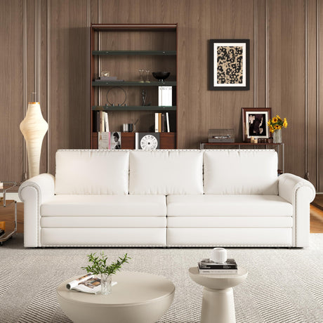 DNChuan 93.7" Chesterfield 3 Seater Pull Out Sofa Bed King Size with Pillows, PU Leather 3-in-1 Convertible Sleeper Couch with Nails Trim, Space Saving for Living Room, Cream White DNChuan
