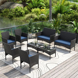 Gotland 8-Piece Outdoor Patio Furniture Set, Wicker Rattan Chairs & Sofa with Cushions and Glass Coffee Table, Conversation Set for Backyard, Lawn, Porch, Pool, Garden (Navy-1) Gotland