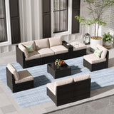 Jing's Villa 9-Piece Patio Furniture Set, All-Weather Outdoor Wicker Sectional Sofa with Cushions, Tempered Glass Table & Ottoman, Rattan Conversation Seating for Porch, Garden, Backyard,Beige Jing's Villa