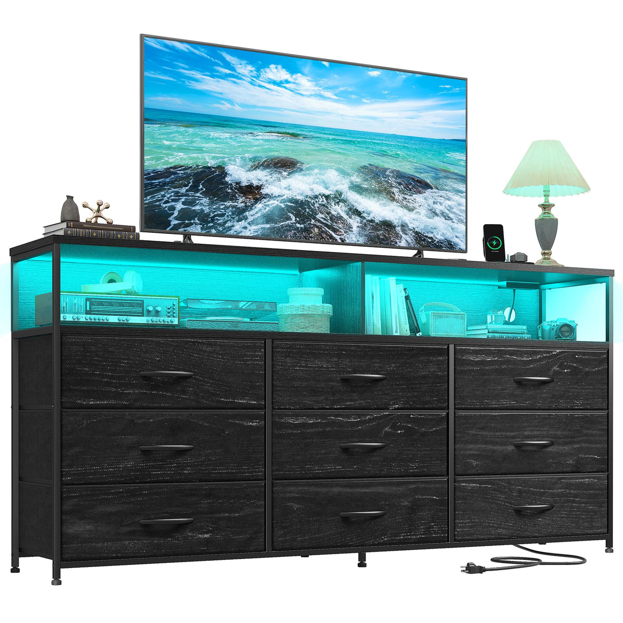Romorgniz 55" W Dresser for Bedroom with 9 Drawers, LED TV Stand with Power Outlets for 45, 55, 65 Inch TV, Sturdy Long Chest of Drawers with Extra 2 Wooden Shelves, Grain Black Romorgniz