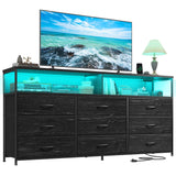 Romorgniz 55" W Dresser for Bedroom with 9 Drawers, LED TV Stand with Power Outlets for 45, 55, 65 Inch TV, Sturdy Long Chest of Drawers with Extra 2 Wooden Shelves, Grain Black Romorgniz