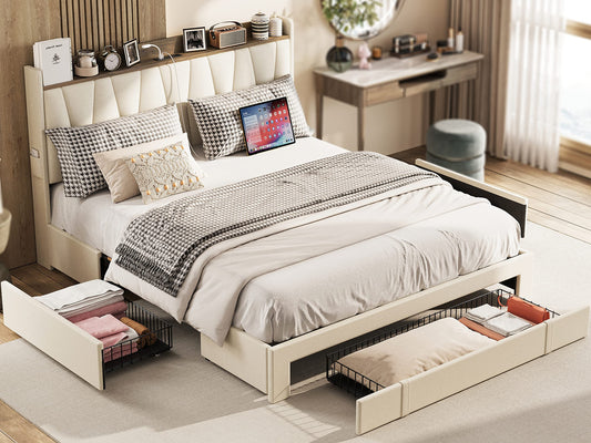 ANTCOR Upholstered Queen Bed Frame with 3 Storage Drawers and Charging Station in Beige - WoodArtSupply