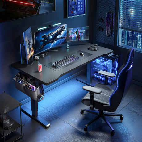 EnHomee Electric Gaming Standing Desk with LED Lights,48 x 24 Inch Height Adjustable Computer Desk with 3 Memory Preset,Gaming Sit Stand Desk with Storage Side Pocket and Cable Management,Black EnHomee