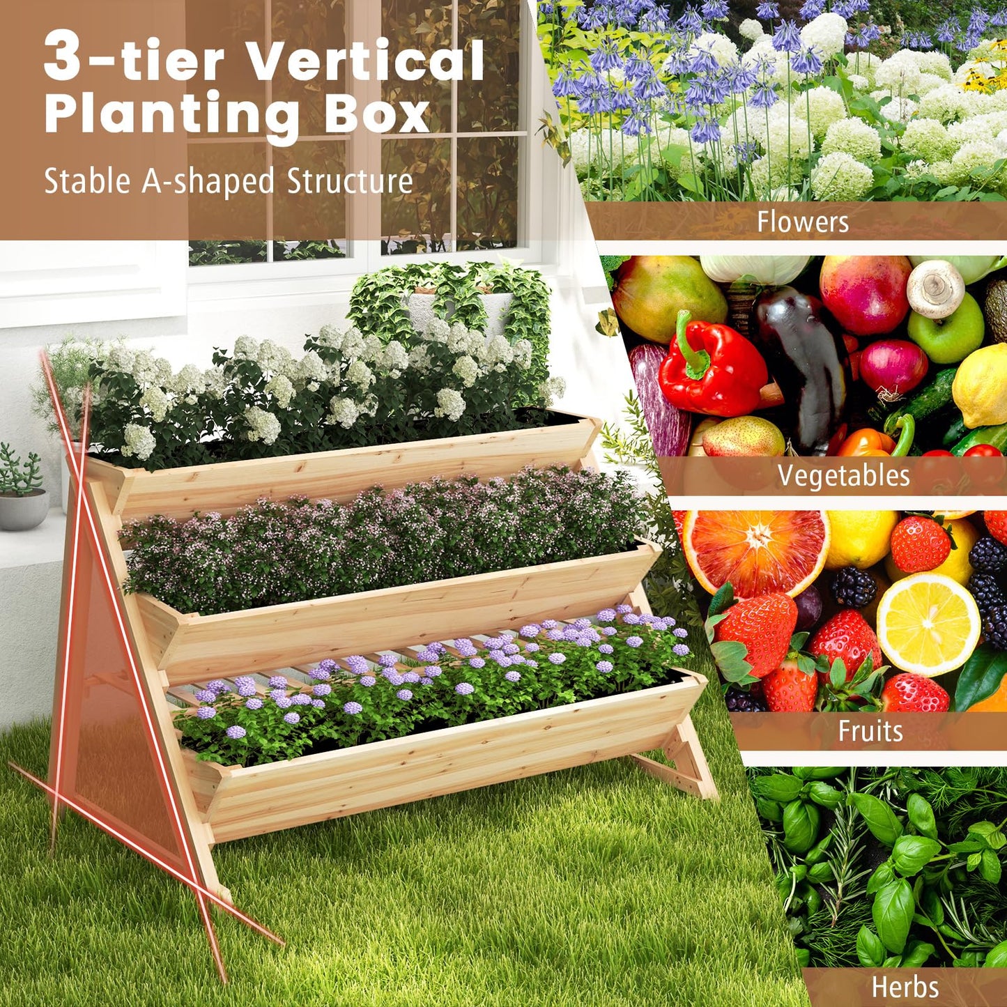 Toolsempire 3 Tiers Raised Garden Bed, Wooden Garden Bed Elevated Garden Planter with Storage Shelf, Bed Liner & 2 Hanging Hooks, Fir Wood Vertical Garden Bed for Patio, Yard, Balcony & Deck