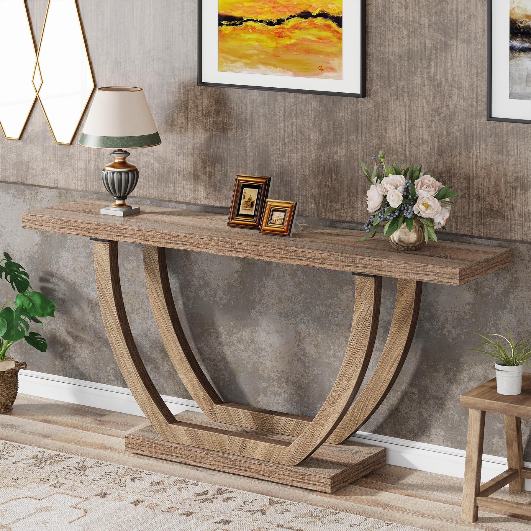 Tribesigns 63-Inch Wood Console Table with Geometric Base, 2-Tier Farmhouse Sofa Table Narrow Long, Thickened Behind Couch Table with Shelves for Living Room Foyer Corridor (Light Brown) - WoodArtSupply