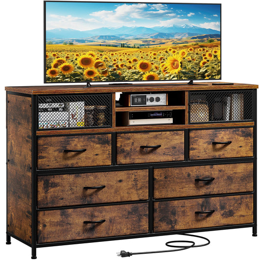 EnHomee Dresser TV Stand with Power Outlet TV Stand for Bedroom TV Stands for Living Room Dresser for Bedroom with 7 Drawers TV Console Table with Storage Entertainment Center,Metal Door,Rustic Brown