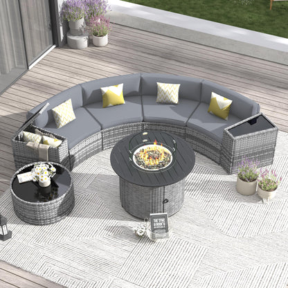 Amopatio Patio Furniture Set with Fire Pit Table, 8 Pieces Curved Patio Sectional Couch with Storage Armrest Table and 4 Pillows, Round Fire Pit Conversation Sets with Waterproof Covers (Grey - WoodArtSupply