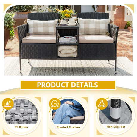 Devoko Outdoor Patio Loveseat Modern Rattan 2-Seat Patio Conversation Set with Cushions & Built-in Coffee Table Porch Furniture for Garden Lawn Backyard (Beige) Devoko
