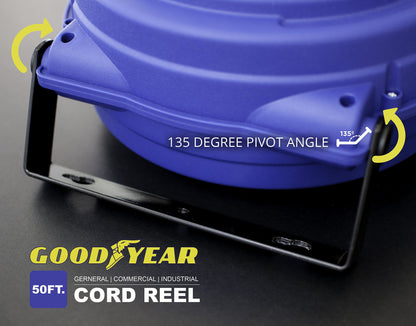 Goodyear Extension Cord Reel Retractable 16AWG x 50' Foot 3C/SJTOW Commercial Cable LED Triple Tap Connector Power 10A 125VAC 938W - WoodArtSupply