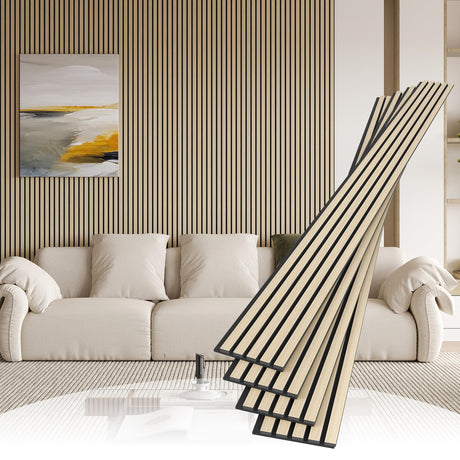 POHARE 4 Pack Wood Slat Wall Wood Paneling,95 x 8 in Soundpoof Wooden Engineered Wood Slat Wall Panels,Stylish Acoustic Wall Panels for Interior Wall Decor with Felt Backing,Natural POHARE