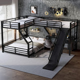 Twin XL Over Queen Bunk Bed Frame with Twin Size Loft Beds, Heavy Duty Triple Bunk Bed with Slide, Charging Station(USB Ports & Outlets), Metal Triple Bunk Beds with L-Shaped Desk Bellemave