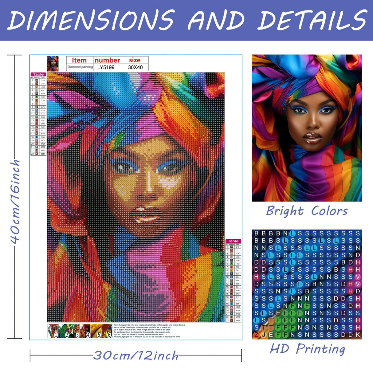 SKRYUIE 5D African Woman Diamond Painting Kits - DIY Diamond Art Kits for Adults African American, Full Round Drill - Crystal Cross Stitch - Adults Craft for Wall & Office Decor - 12x16 inch SKRYUIE