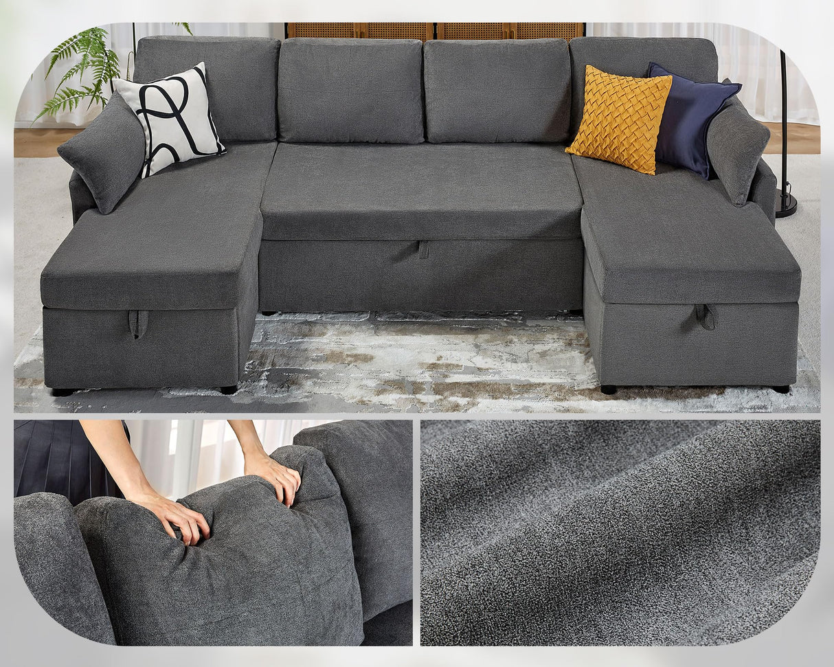 VanAcc Sleeper Sofa, 110 inch Oversize - 2 in 1 Pull Out Bed, Sectional Sleeper Sofa with Double Storage Chaise for Living Room, Grey Linen Couch VanAcc