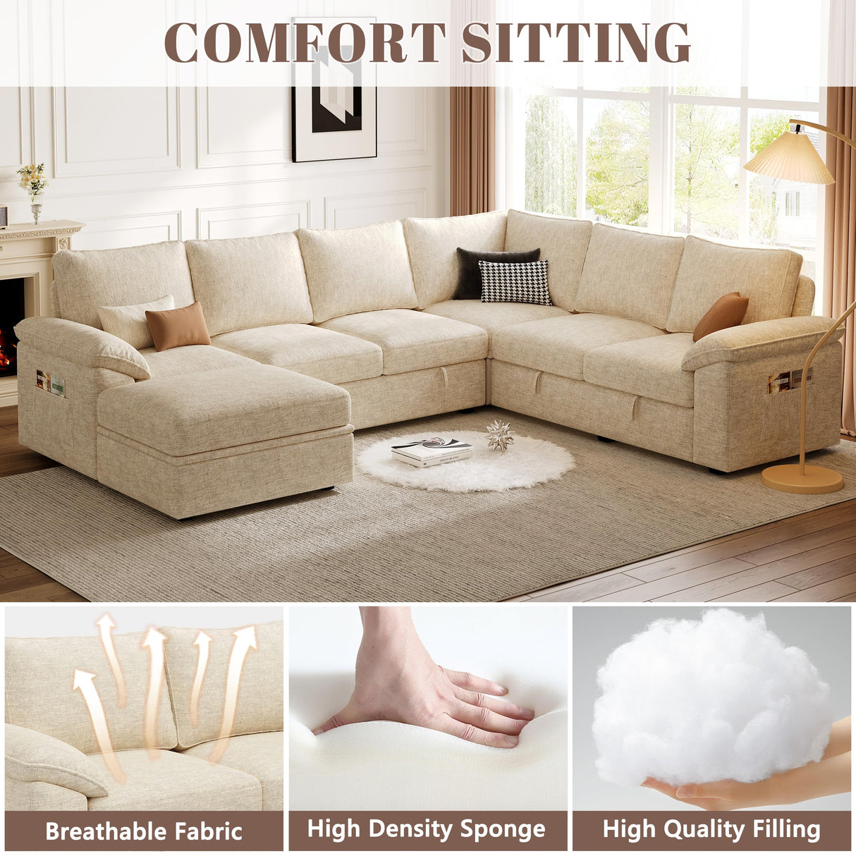 SUAWY 108 Inch Modular Sectional Sofa with Pull Out Bed,U Shaped 7 Seat Sectional Sleeper Sofa with Storage,Sectional Couches for Living Room,Cloud Modular Couch,Removable Sofa Cover,Beige SUAWY