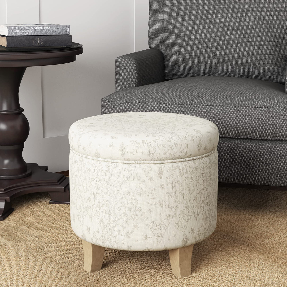Homepop Home Decor | Upholstered Round Storage Ottoman | Ottoman with Storage for Living Room & Bedroom with Flared Legs. Linen. Large HomePop