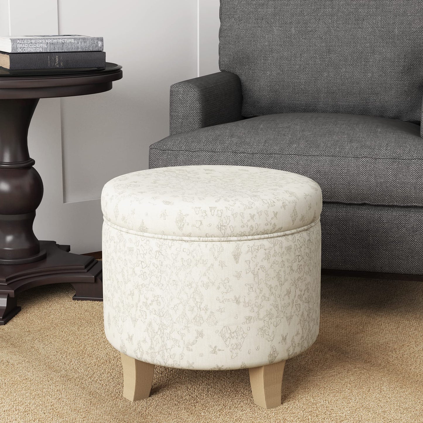 Homepop Home Decor | Upholstered Round Storage Ottoman | Ottoman with Storage for Living Room & Bedroom with Flared Legs. Linen. Large