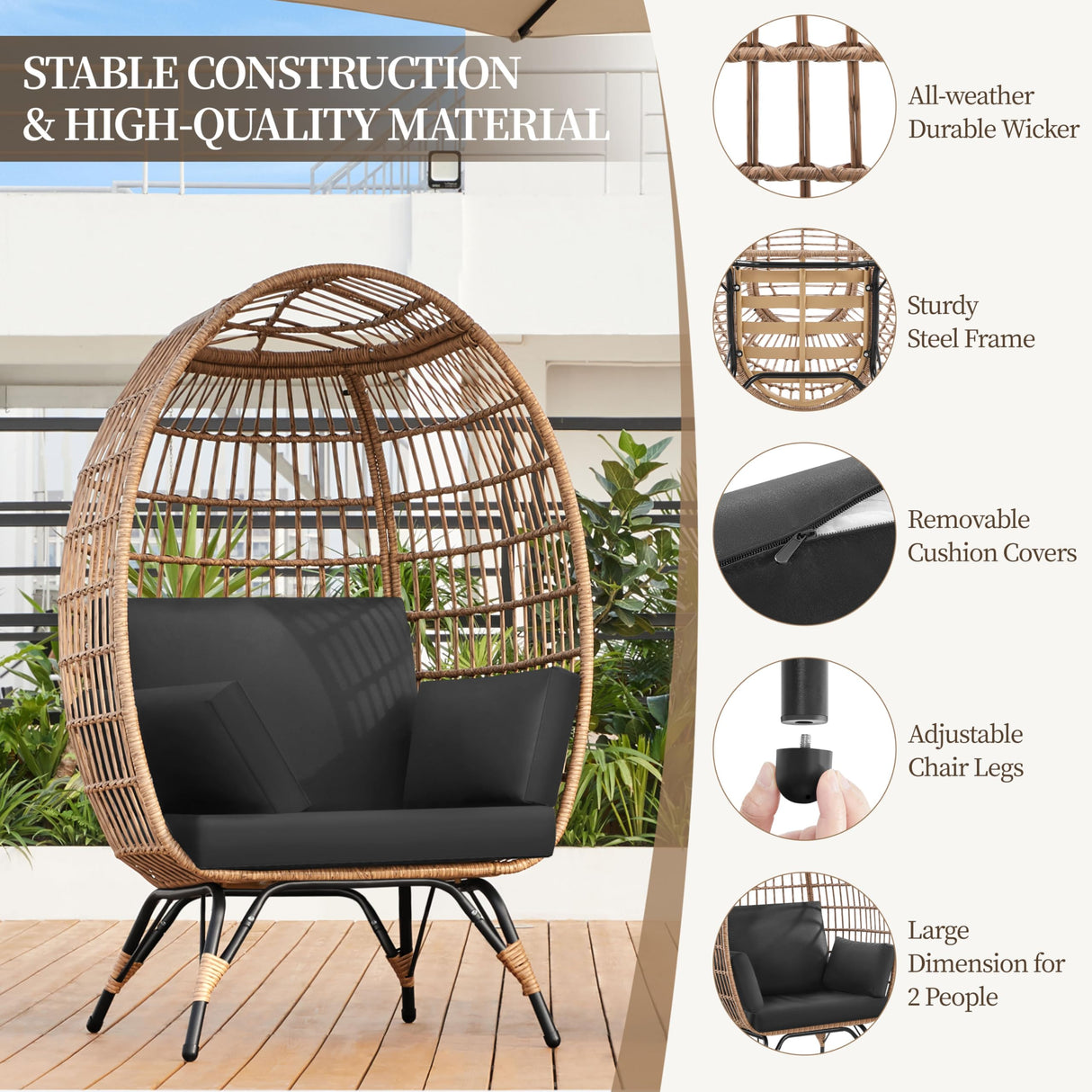 Yaheetech Egg Rattan Chair, Indoor/Outdoor PE Rattan Egg Basket Lounge Chair w/ 4 Cushions, Oversized Egg-Shaped Chair w/Metal Frame Stand for Patio, Backyard, Living Room - Light Brown/Black Yaheetech