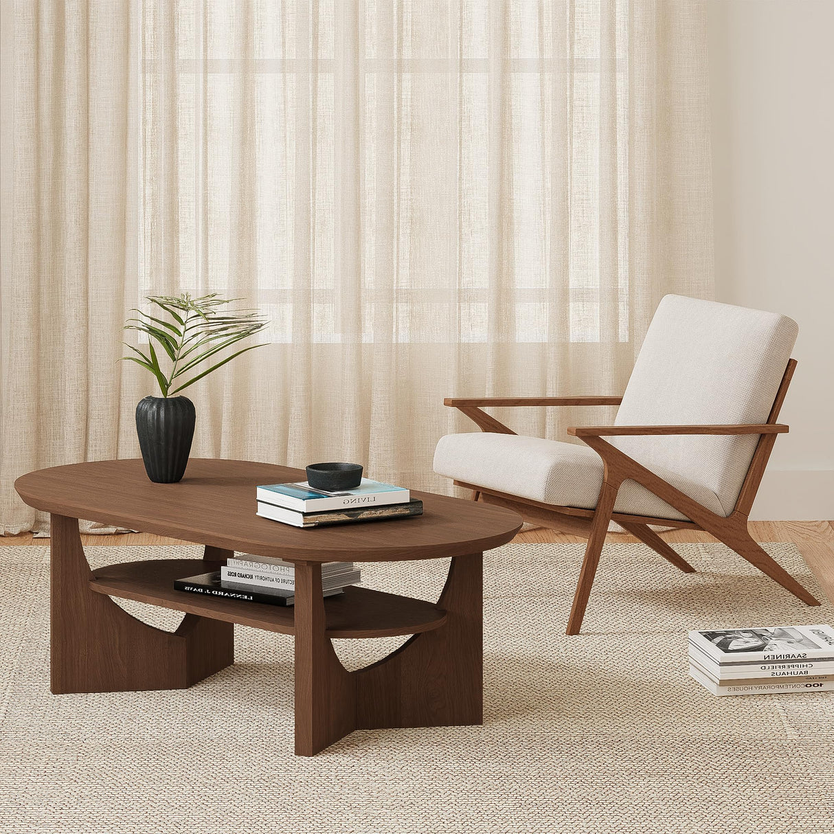 Vitalikus Mid Century Modern Coffee Table, 47" Oval Wood Coffee Tables for Living Room, 2 Tier Curved Round Center Table with Storage Shelf & Sturdy Base, Minimalist Retro Tea Tables, Walnut Vitalikus