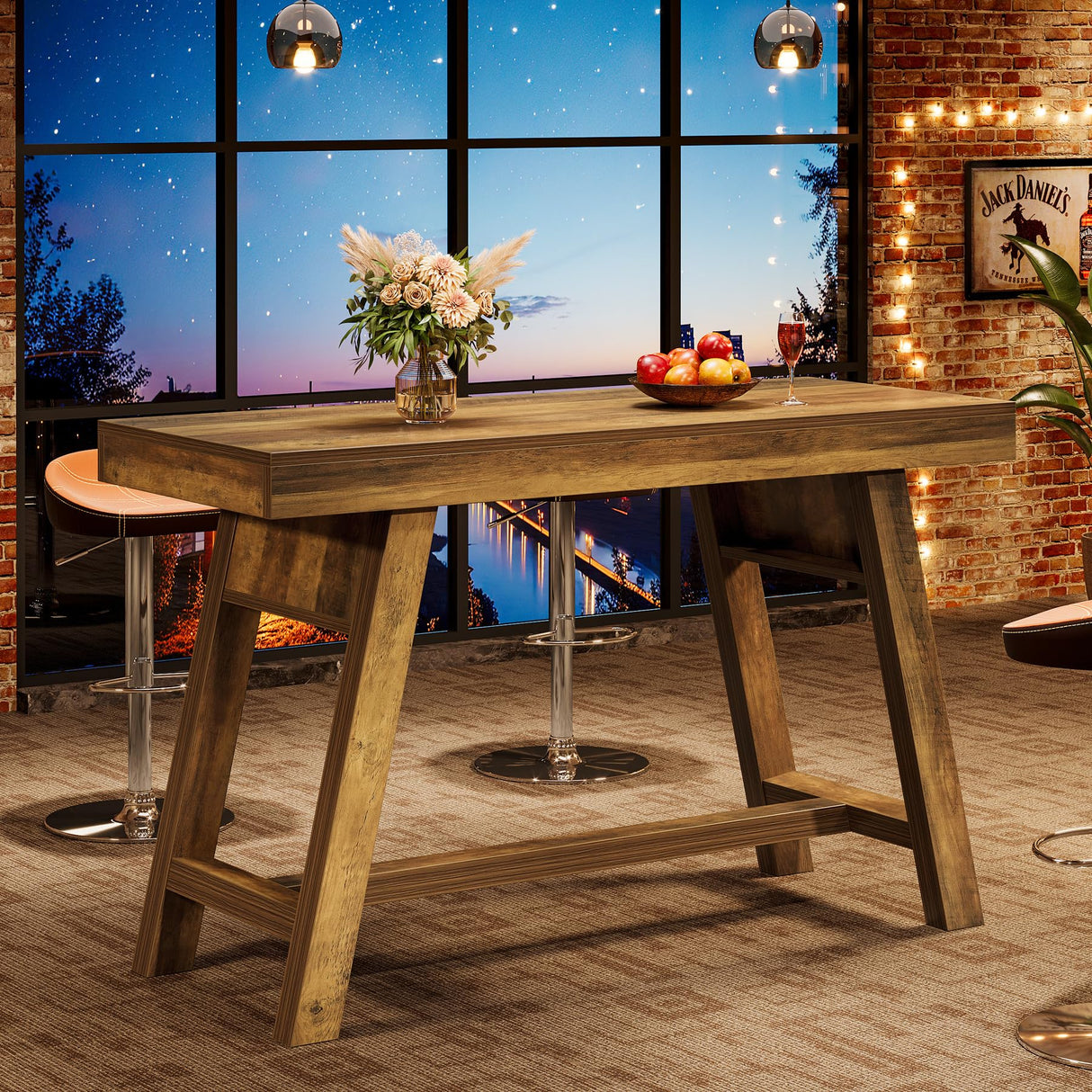 Tribesigns 55.12-Inch Bar Table, Rectangular Home Bar Unit with Stable Trestle Legs, Modern Vintage Counter Height Pub Table for Home Kitchen, Living Room, Balcony, Basement, Rustic Brown Tribesigns