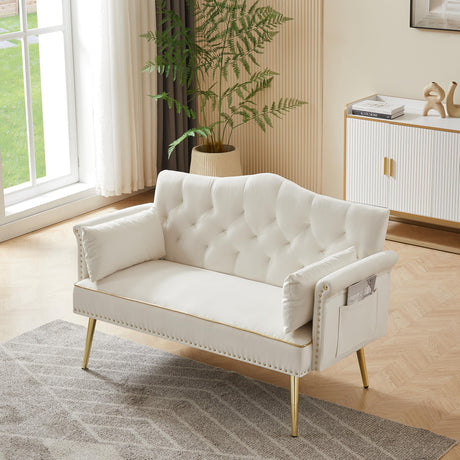 hansones 55-Inch Modern Velvet Loveseat Sofa with Gold Metal Legs & Side Pockets, Tufted Backrest, Perfect for Living Room, Bedroom, or Office (Modern Beige) hansones
