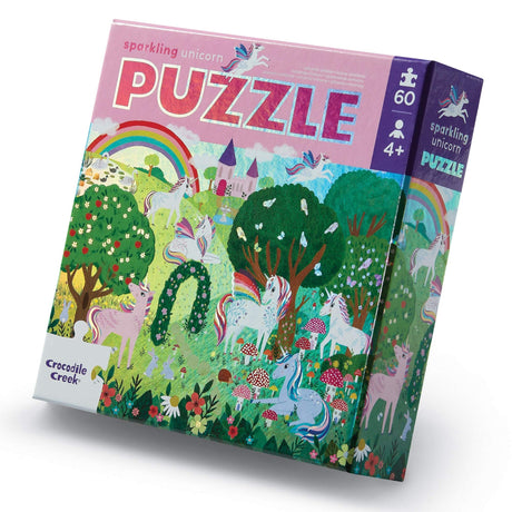 Crocodile Creek 60-Piece Holographic Foil Floor Puzzle for Kids Ages 4-8 and Up - Heavy-Duty Box for Storage - Sparkling Unicorn - 14” x 19” Finished Crocodile Creek